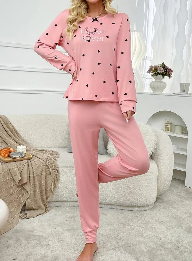 تايك تو طقم بيجاما وتيشيرت بطبعة قلب حب